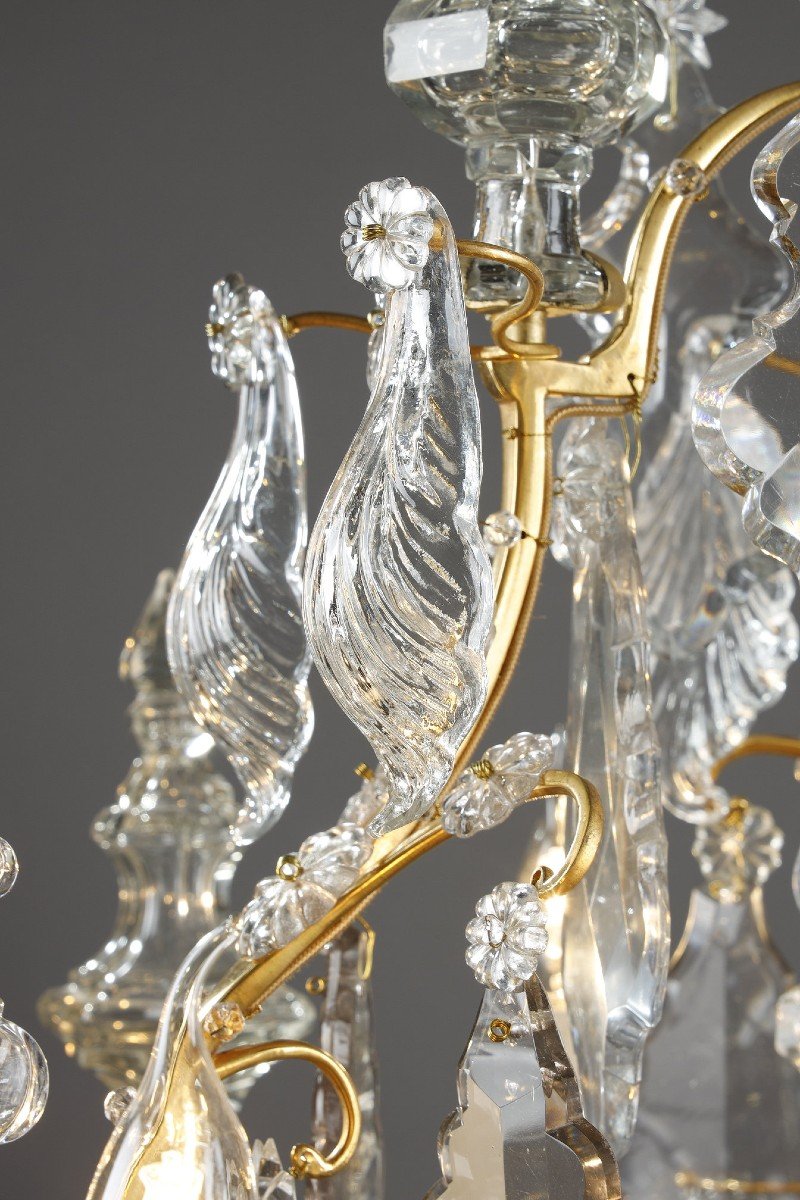 Lustre Cage à Six Lumières, En Bronze Doré, Orné De Pampilles Et Poignards En Cristal Taillé-photo-5
