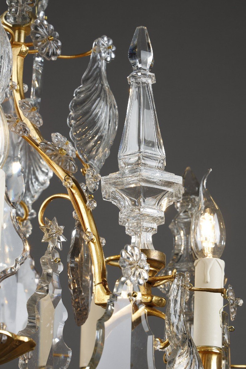 Lustre Cage à Six Lumières, En Bronze Doré, Orné De Pampilles Et Poignards En Cristal Taillé-photo-6