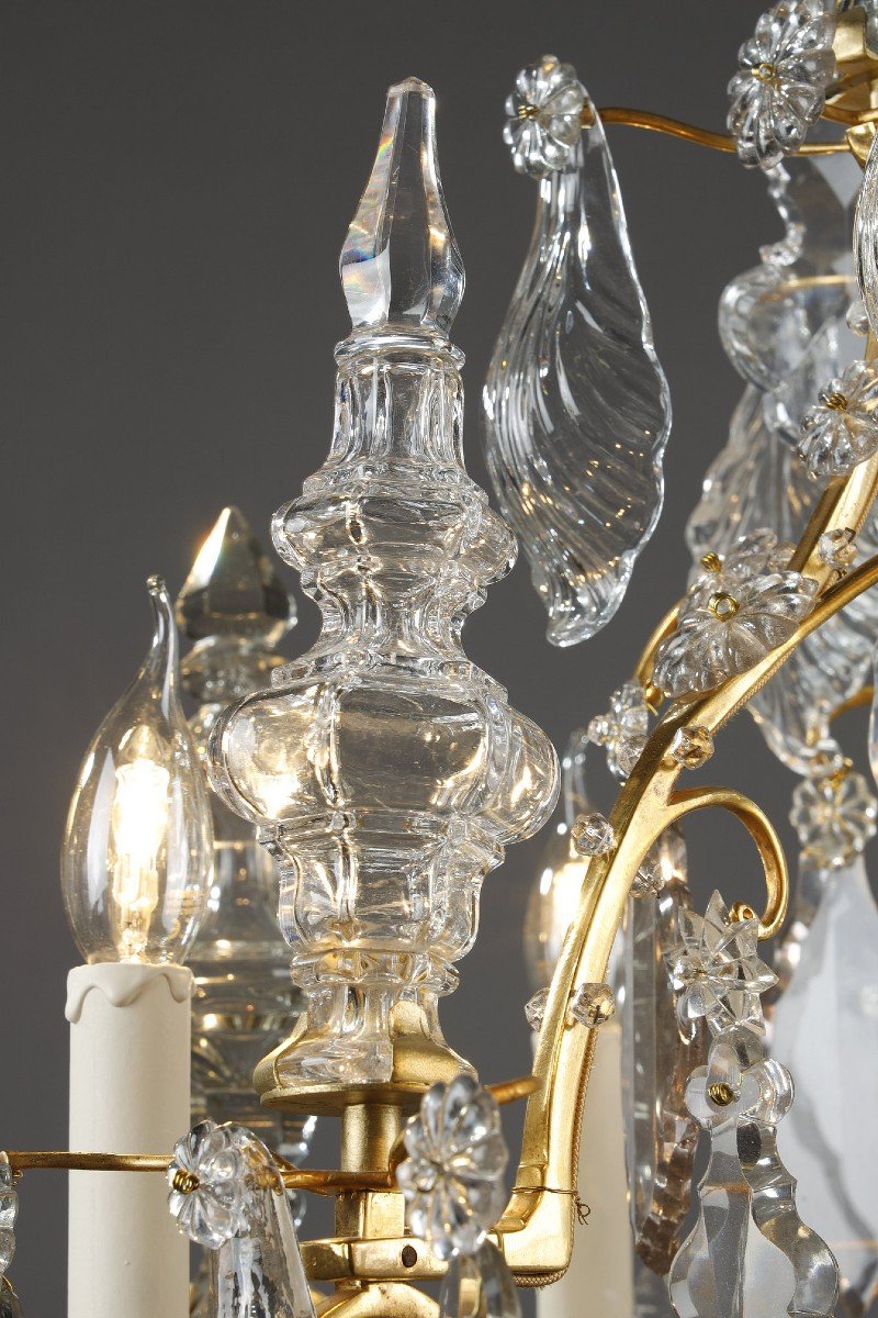 Lustre Cage à Six Lumières, En Bronze Doré, Orné De Pampilles Et Poignards En Cristal Taillé-photo-8