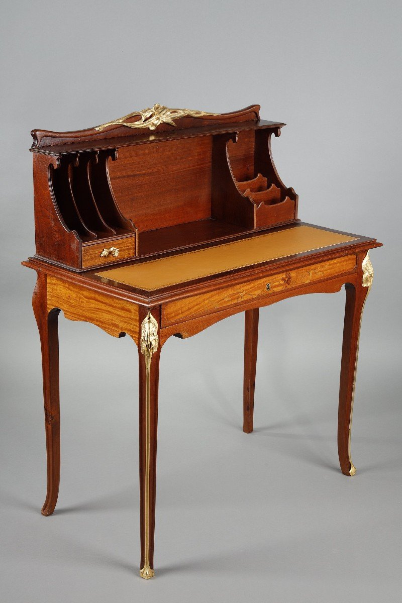 Mahogany And Mahogany Veneer Tiered Desk, Art Nouveau Period-photo-2
