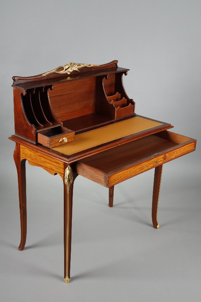 Mahogany And Mahogany Veneer Tiered Desk, Art Nouveau Period-photo-3