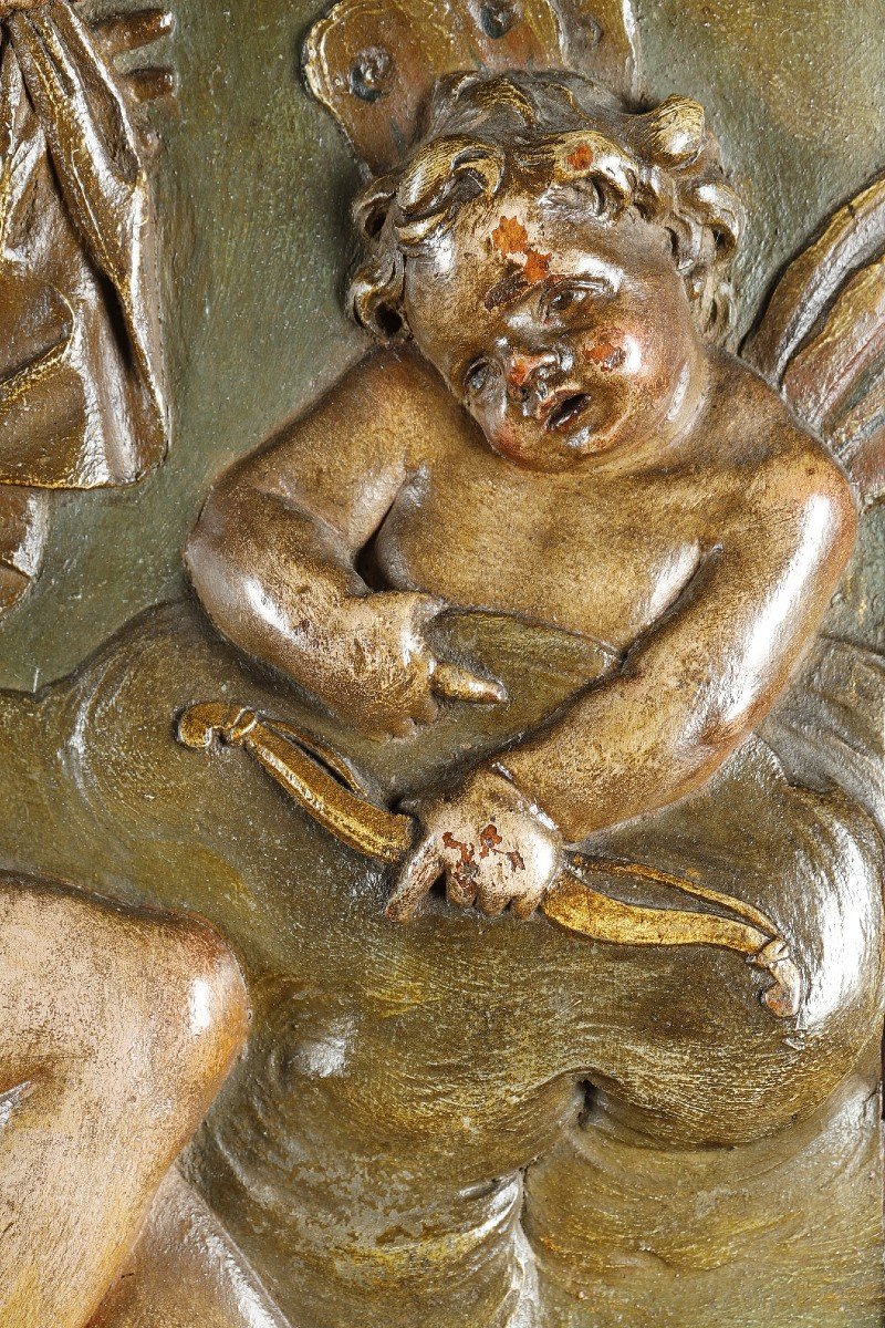 Suite De Quatre Panneaux En Tilleul Sculptés En Bas-relief Et Polychromés -photo-5