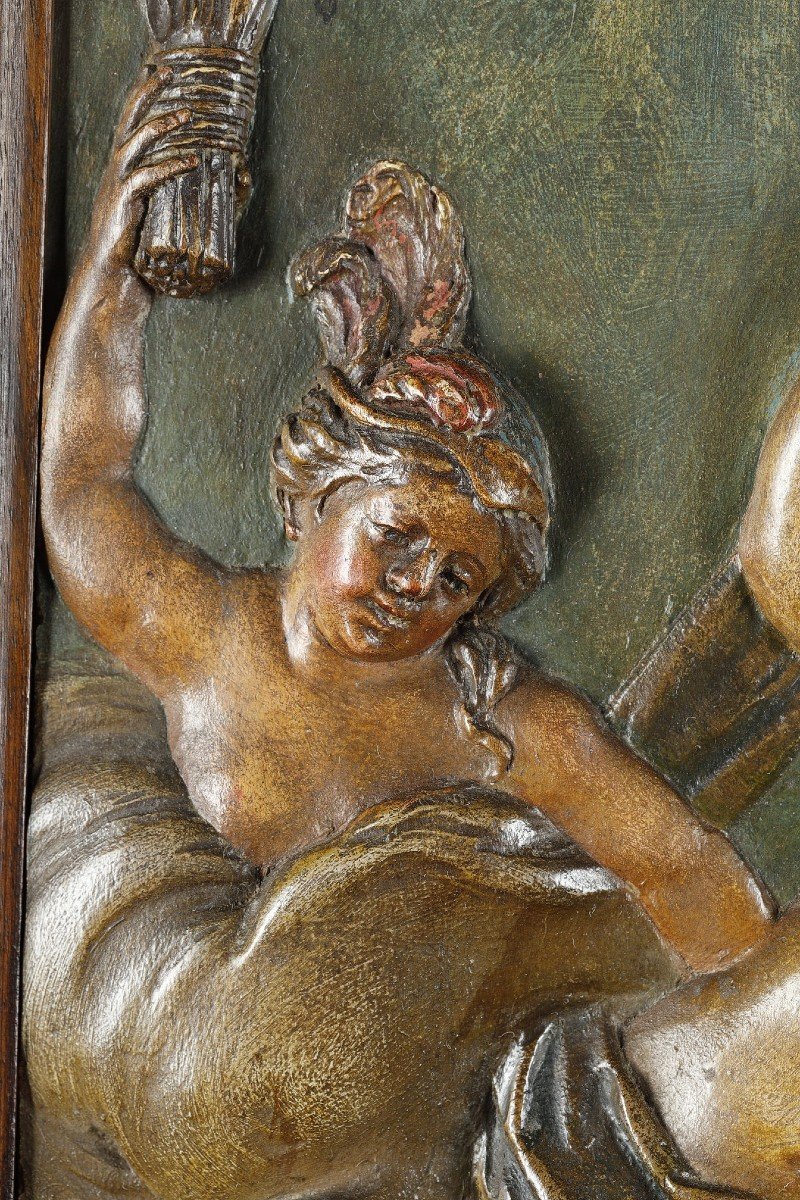 Suite De Quatre Panneaux En Tilleul Sculptés En Bas-relief Et Polychromés -photo-8