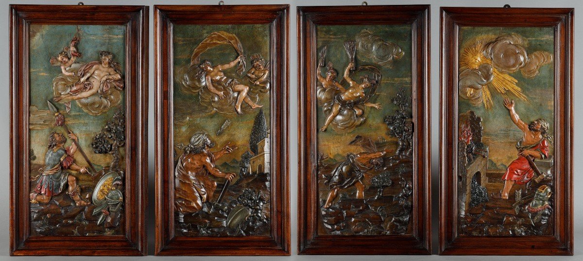 Suite Of Four Linden Panels Carved In Bas-relief And Polychromed 