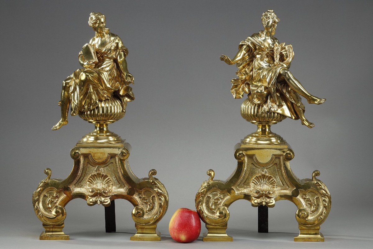 Pair Of Andirons In Gilt And Chiseled Bronze Decorated With Seated Muses-photo-2