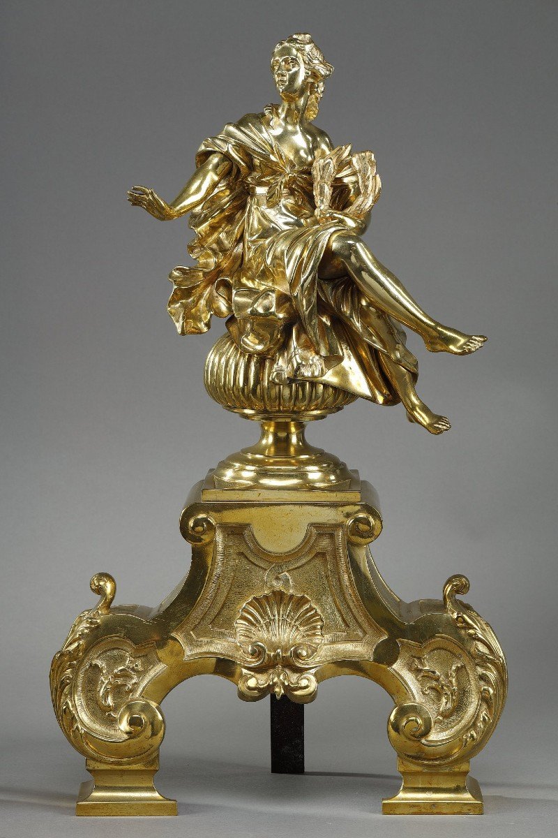 Pair Of Andirons In Gilt And Chiseled Bronze Decorated With Seated Muses-photo-3
