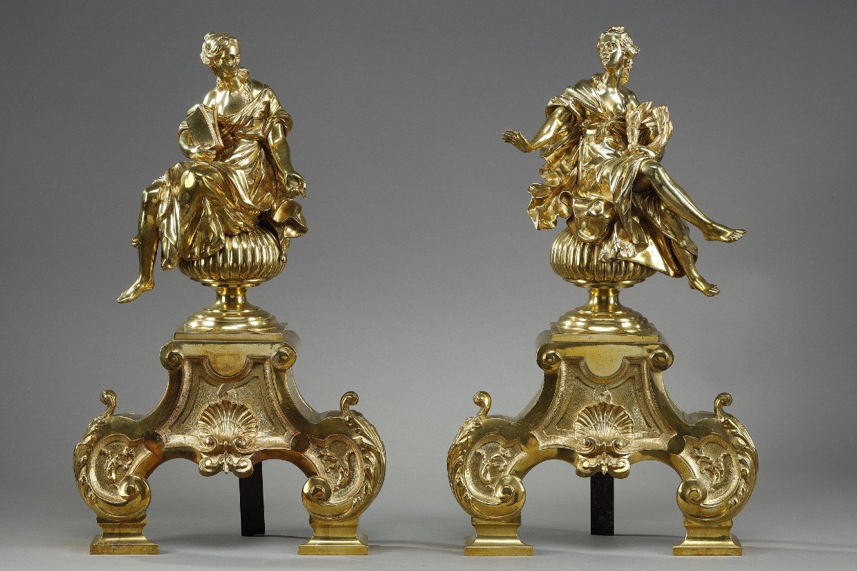 Pair Of Andirons In Gilt And Chiseled Bronze Decorated With Seated Muses