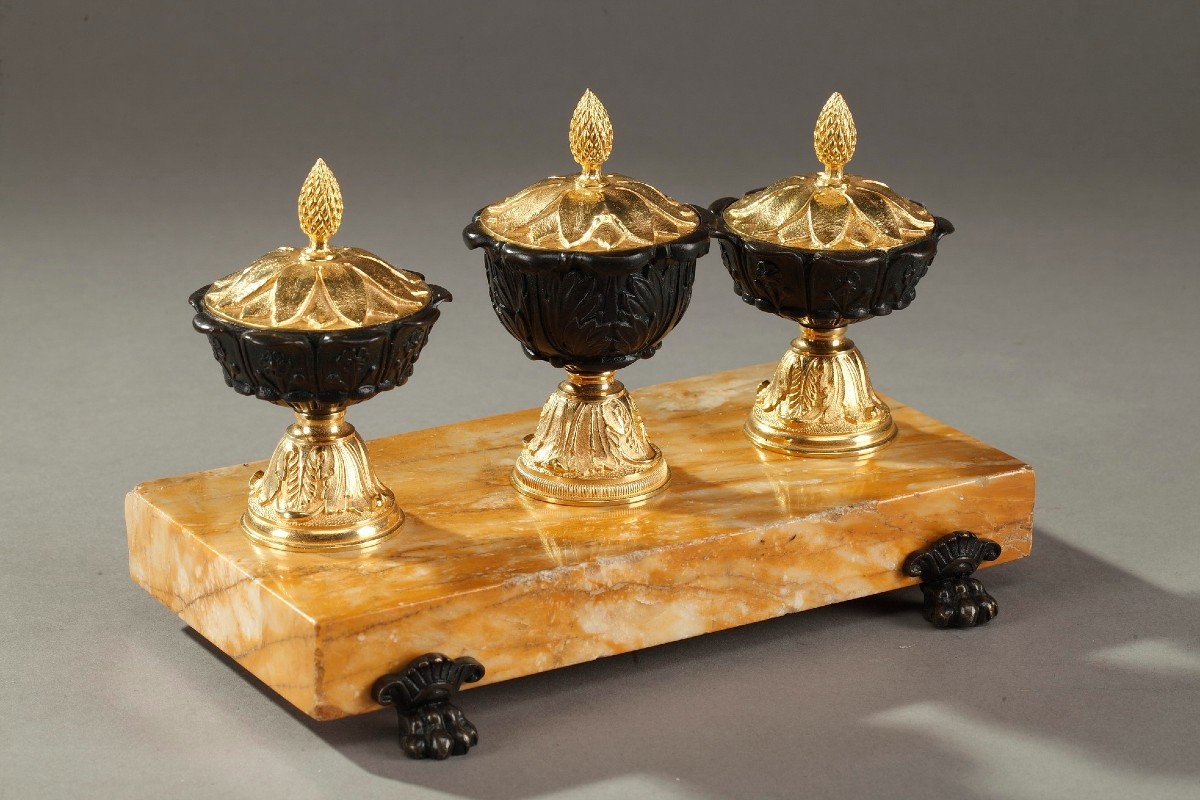 Écritoire Ancien En Bronze Et Marbre De Sienne, époque XIXe Siècle-photo-4