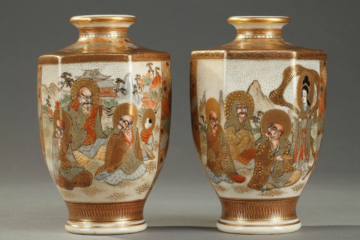 Pair Of Small Satsuma Porcelain Vases, Japan 20th Century-photo-3