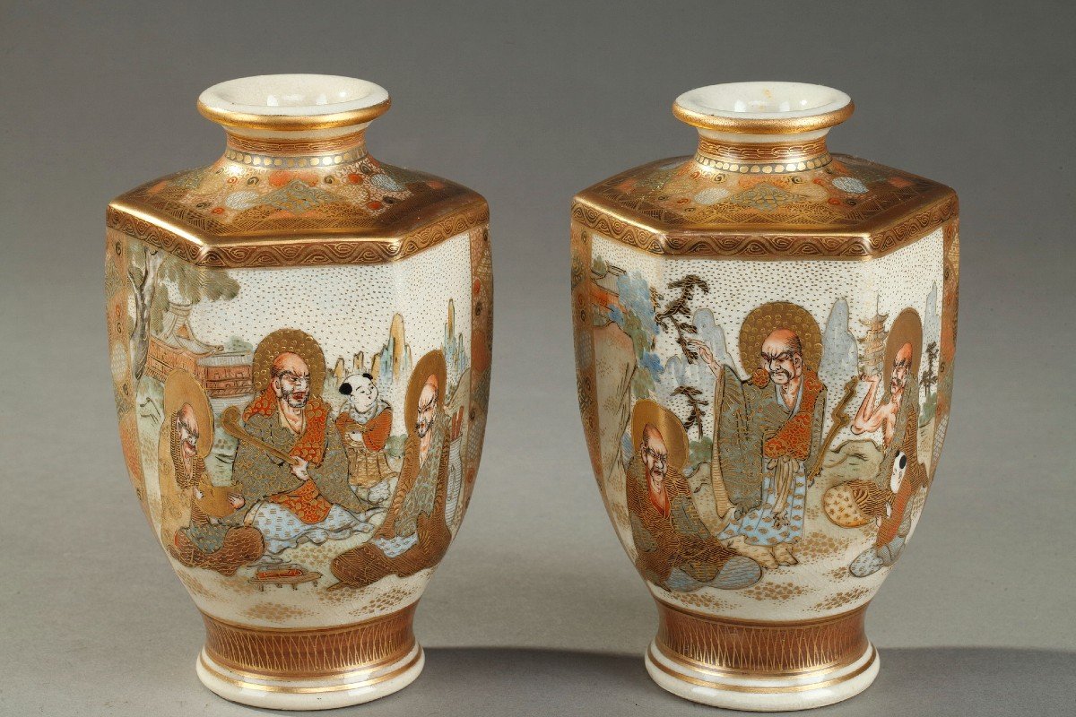 Pair Of Small Satsuma Porcelain Vases, Japan 20th Century