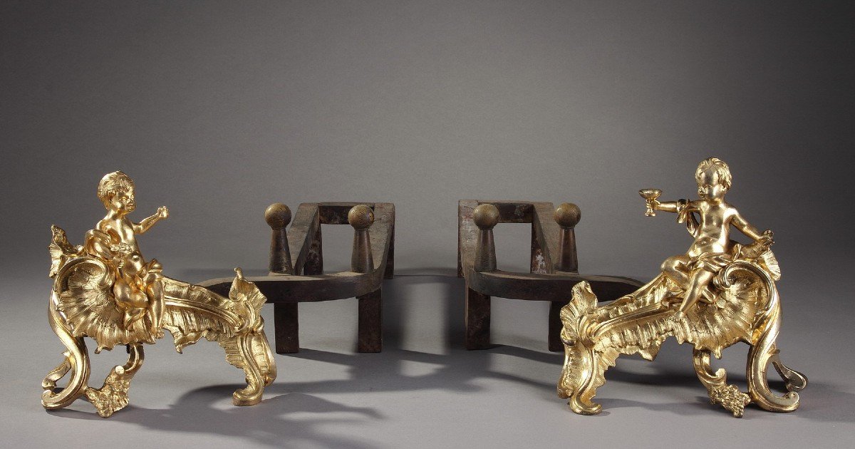 Paire De Chenets En Bronze Doré d'époque Louis XV