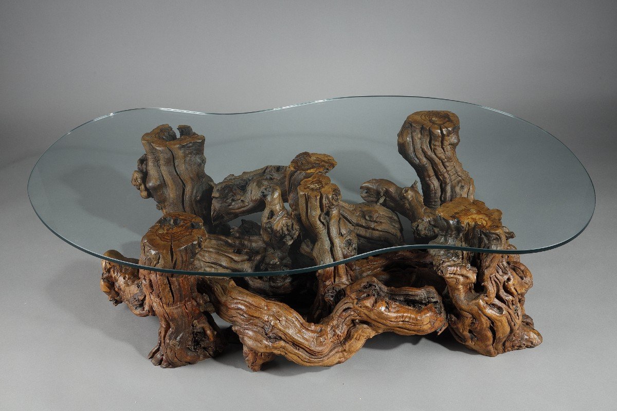 Coffee Table Made From Tree Roots With A Bean-shaped Glass Top. -photo-4