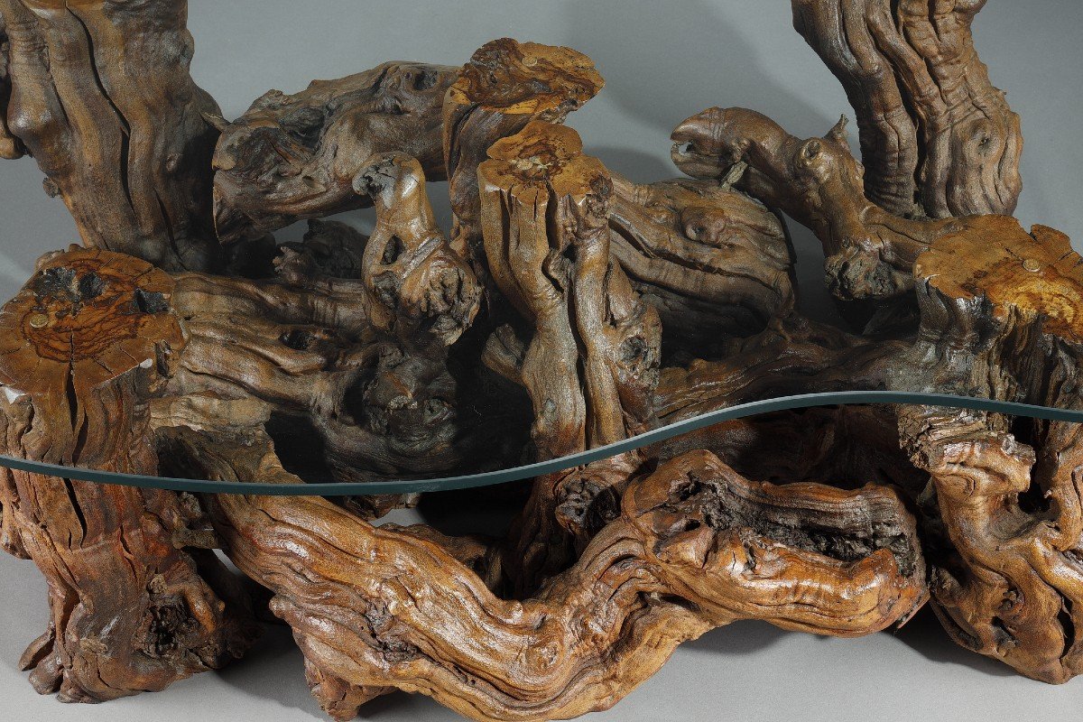 Coffee Table Made From Tree Roots With A Bean-shaped Glass Top. -photo-3