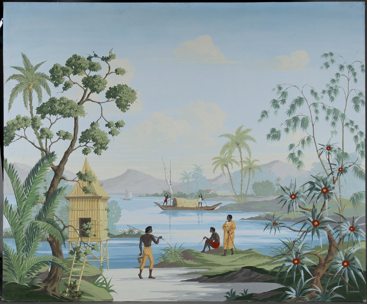 Large Painted Decorative Panel, Exotic Scene Signed Lower Right: “j. Hubert”