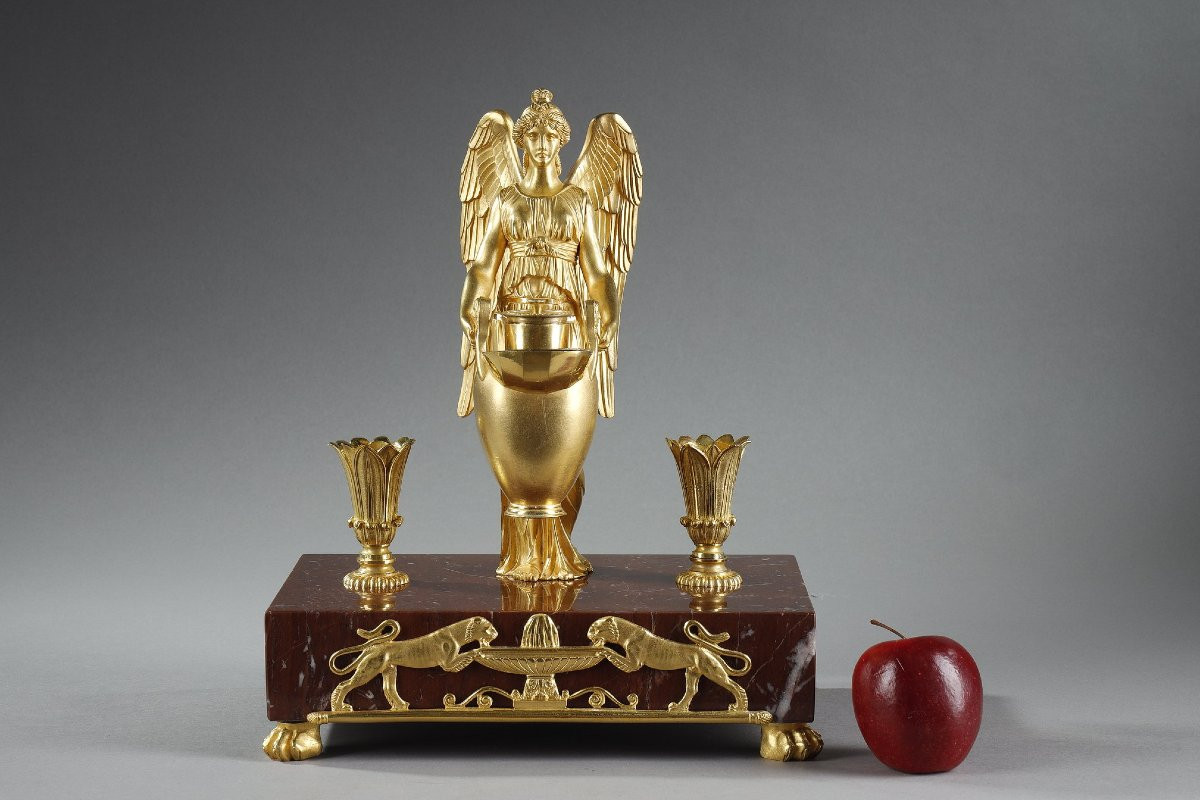 Gilt Bronze And Red Griotte Marble Inkwell, Empire Period, Early 19th Century-photo-2