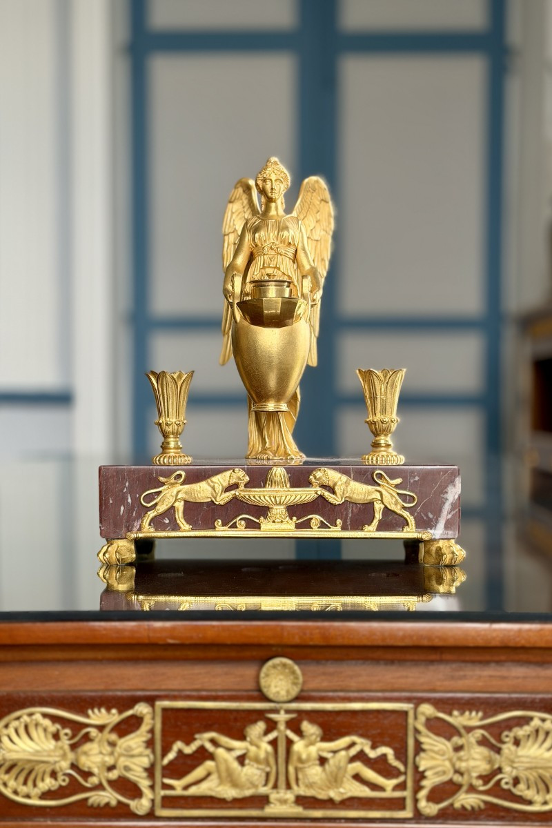 Encrier En Bronze Doré Et Marbre Rouge Griotte, époque Empire, Début XIXe Siècle-photo-8