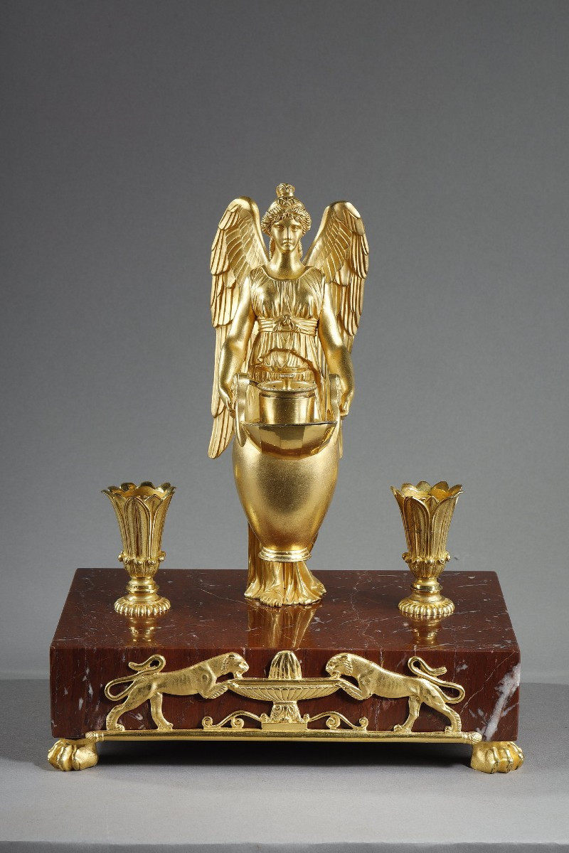 Gilt Bronze And Red Griotte Marble Inkwell, Empire Period, Early 19th Century
