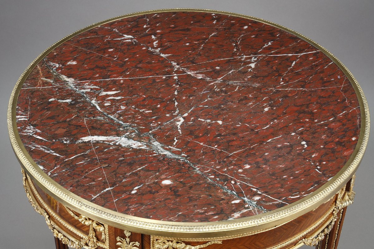 Guéridon Louis XVI En Marqueterie & Bronze Doré, Plateau En Marbre-photo-8