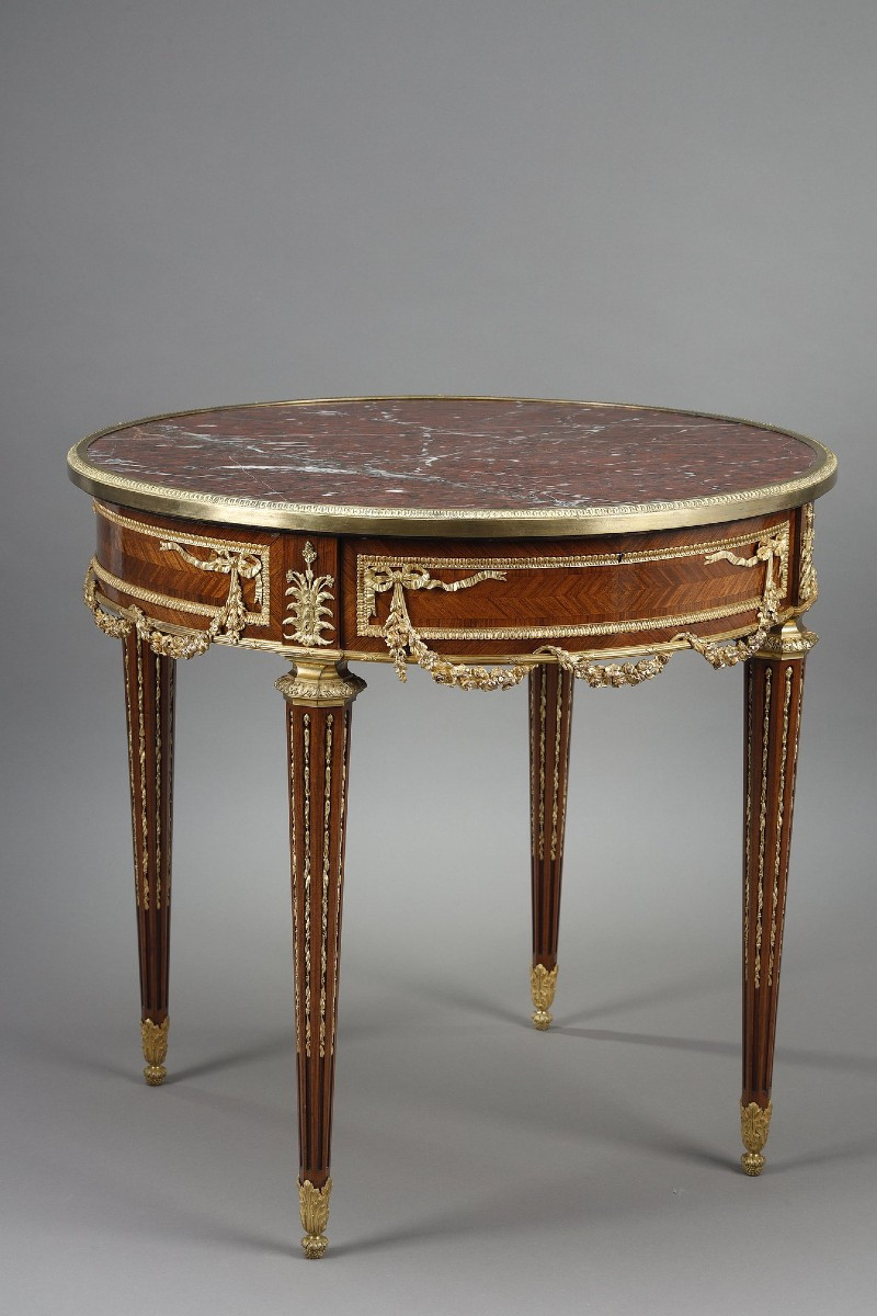 Guéridon Louis XVI En Marqueterie & Bronze Doré, Plateau En Marbre