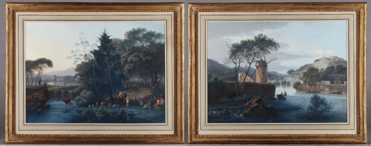 "landscape With A Mill" And "pastoral", Gouache On Paper