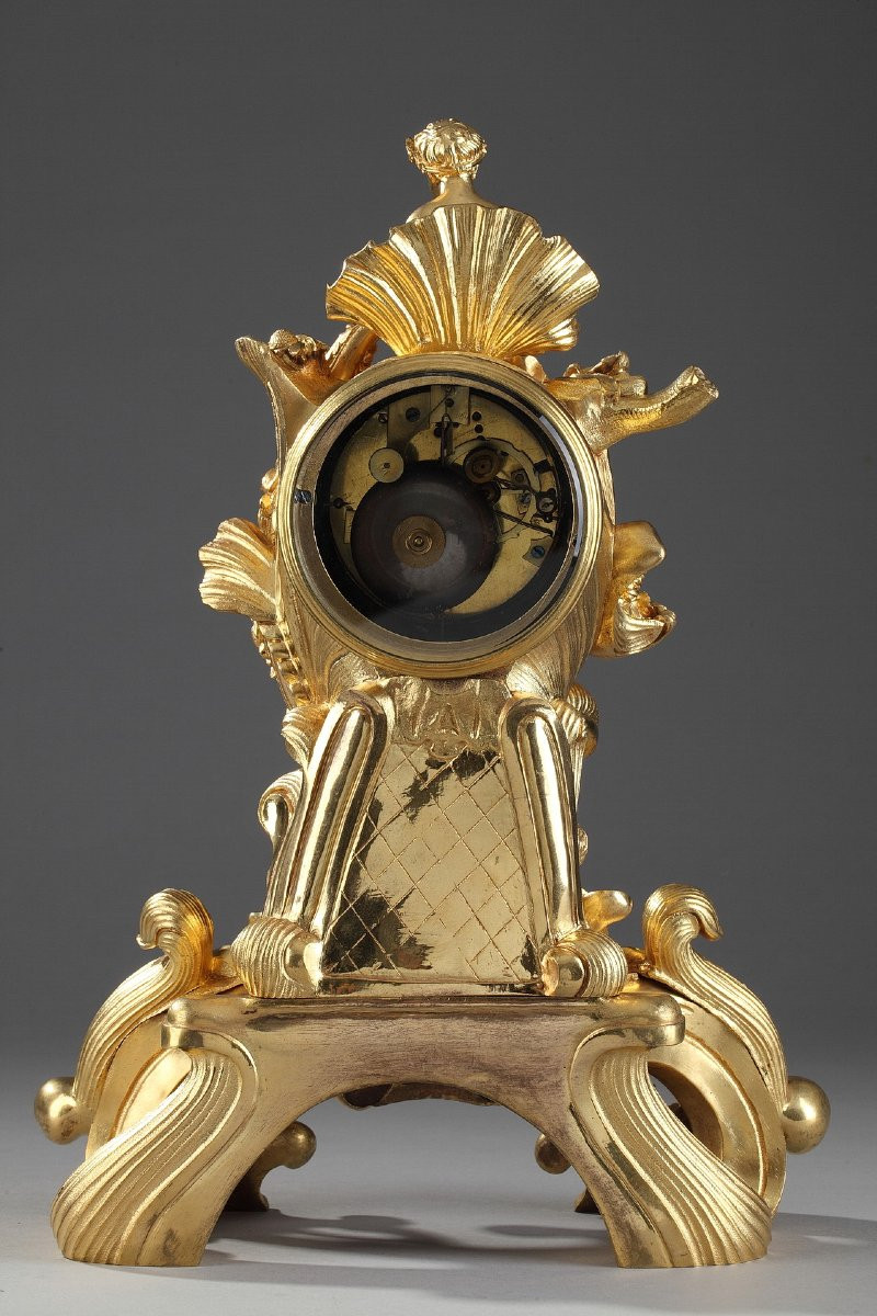 Rocaille Style Clock In Gilded Bronze, Decorated With A Cupid In A Shell-photo-7