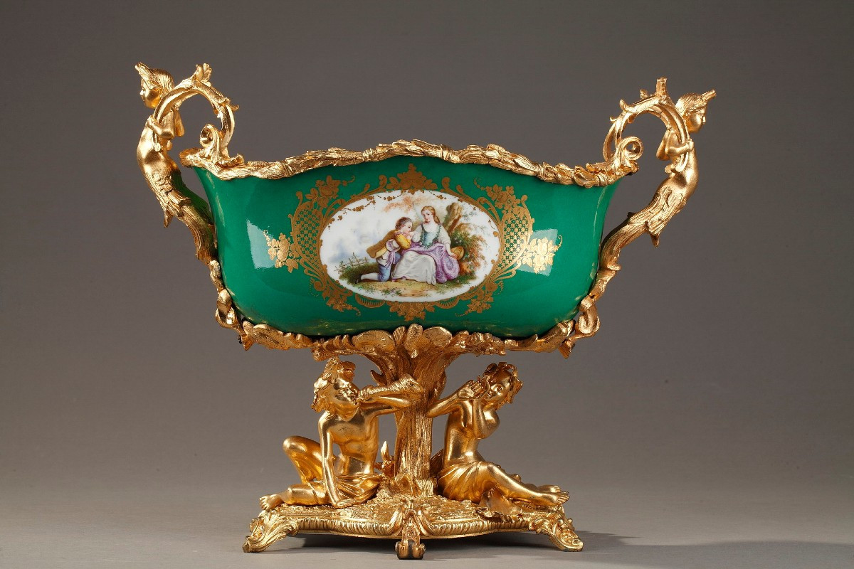 Antique Porcelain And Gilt Bronze Planter Decorated With Gallant Couples