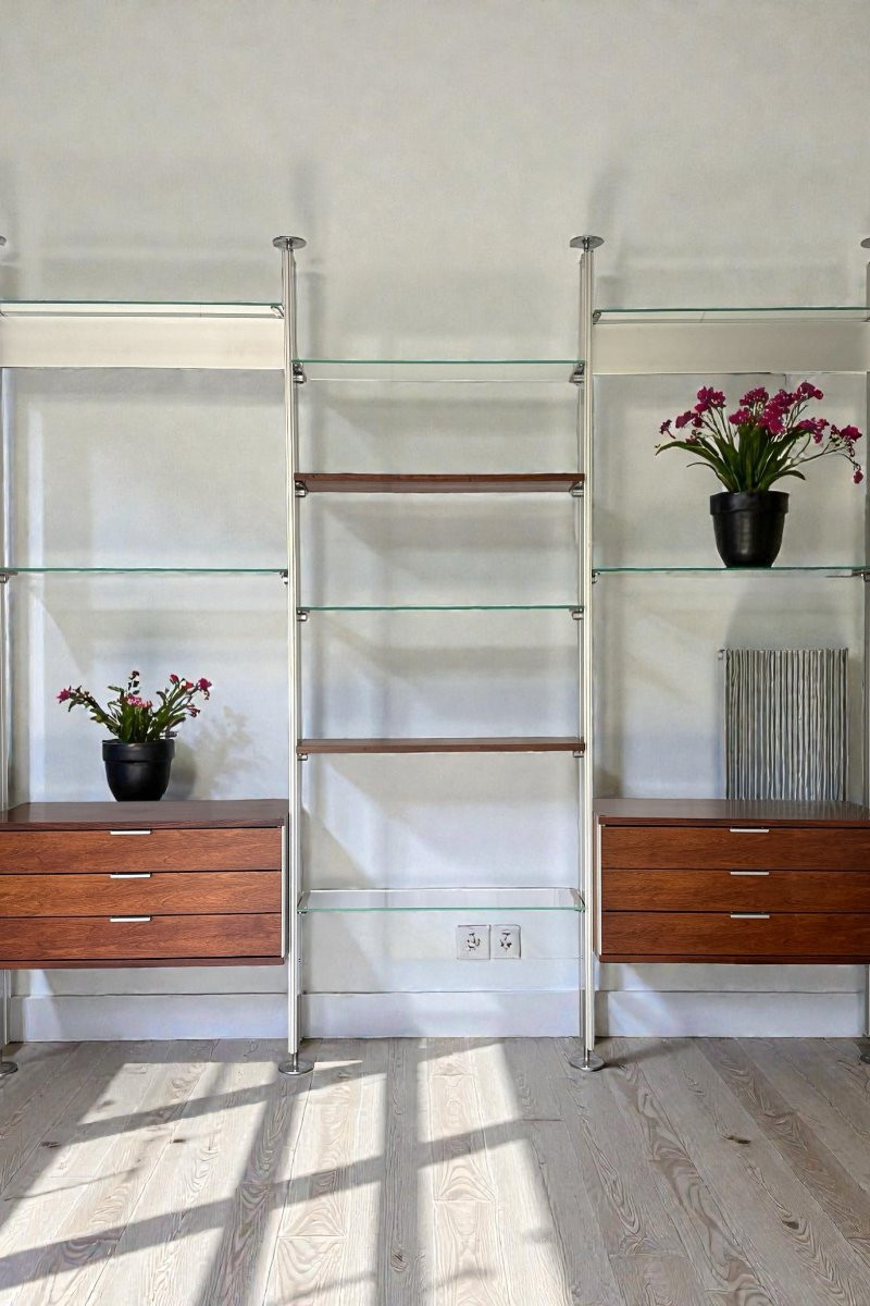 Étagère modulaire ou séparateur de pièce en métal et bois de placage -photo-2