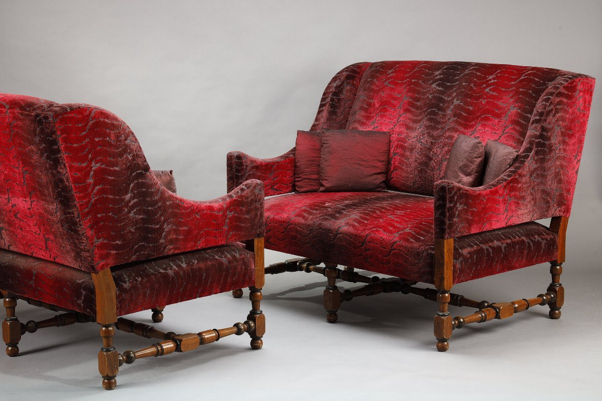 Pair Of Large Louis XIII Style Bordeaux Red Velvet Sofas-photo-2