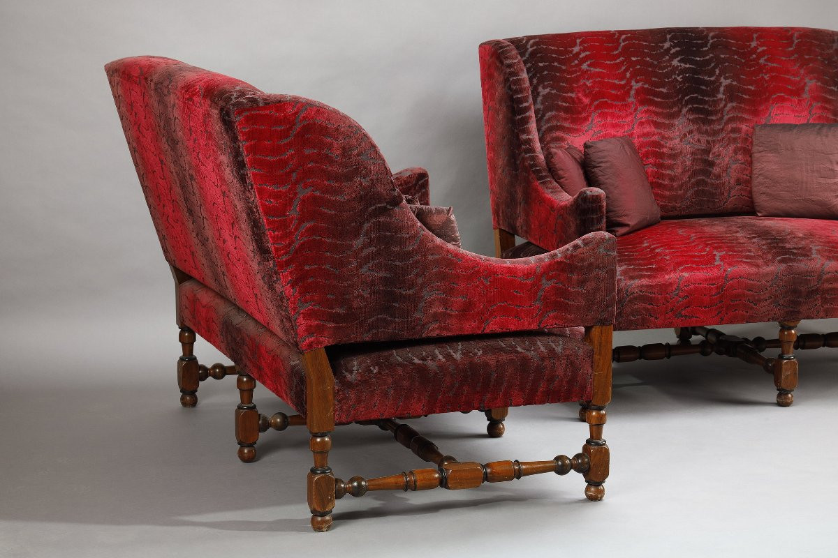 Pair Of Large Louis XIII Style Bordeaux Red Velvet Sofas-photo-3