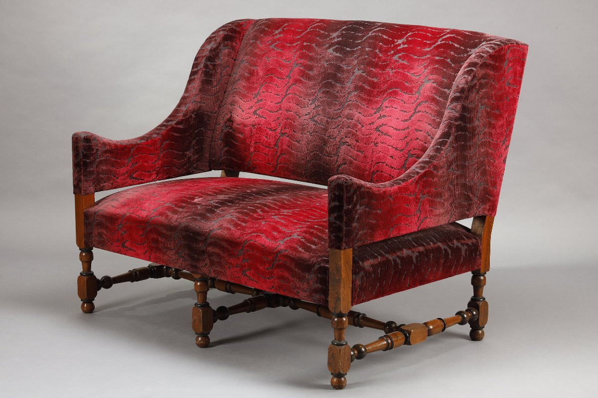 Pair Of Large Louis XIII Style Bordeaux Red Velvet Sofas-photo-1