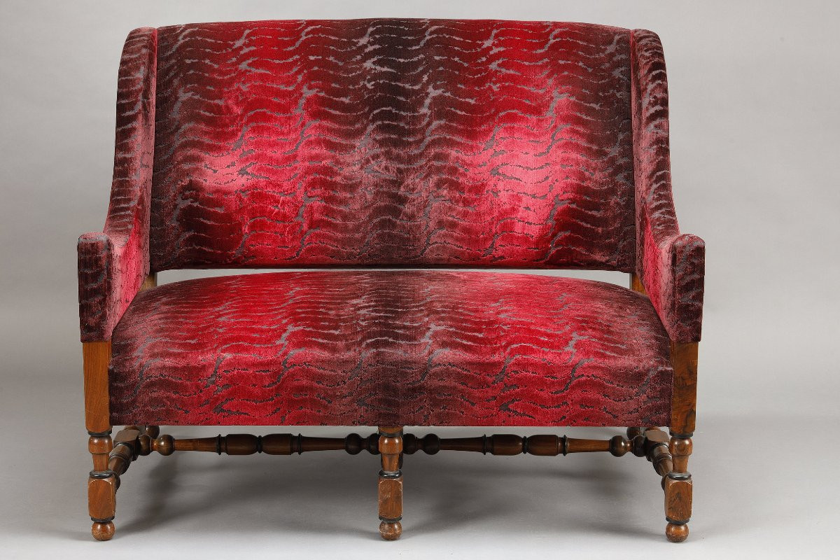 Pair Of Large Louis XIII Style Bordeaux Red Velvet Sofas-photo-2