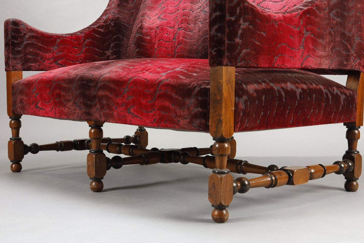 Pair Of Large Louis XIII Style Bordeaux Red Velvet Sofas-photo-4
