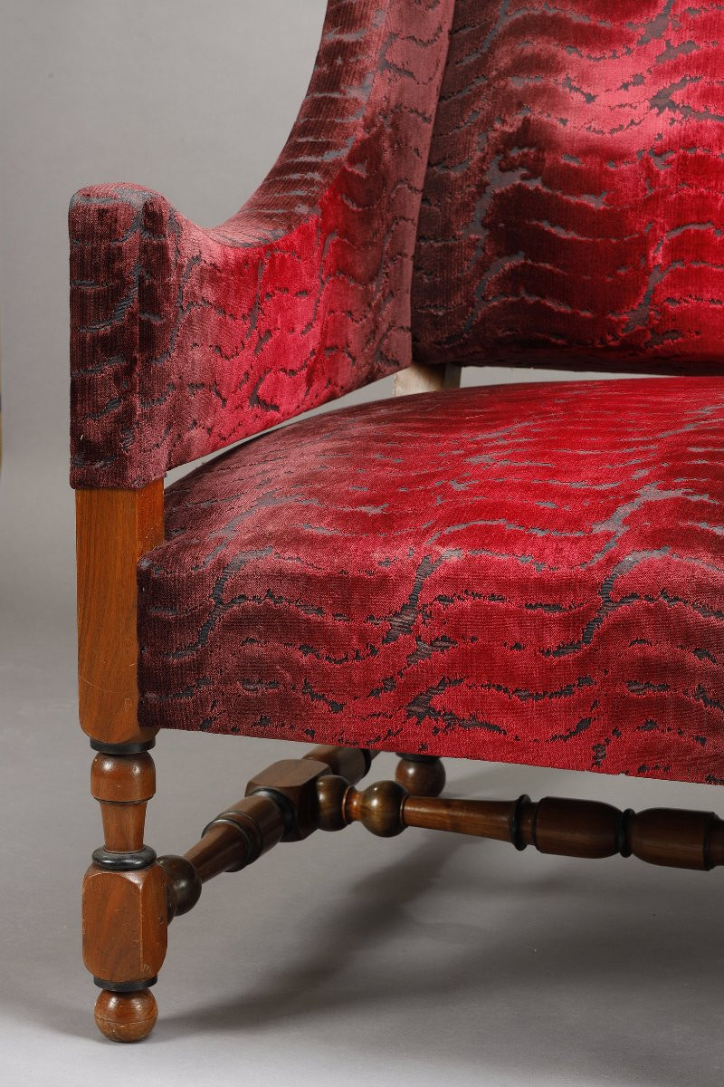 Pair Of Large Louis XIII Style Bordeaux Red Velvet Sofas-photo-6