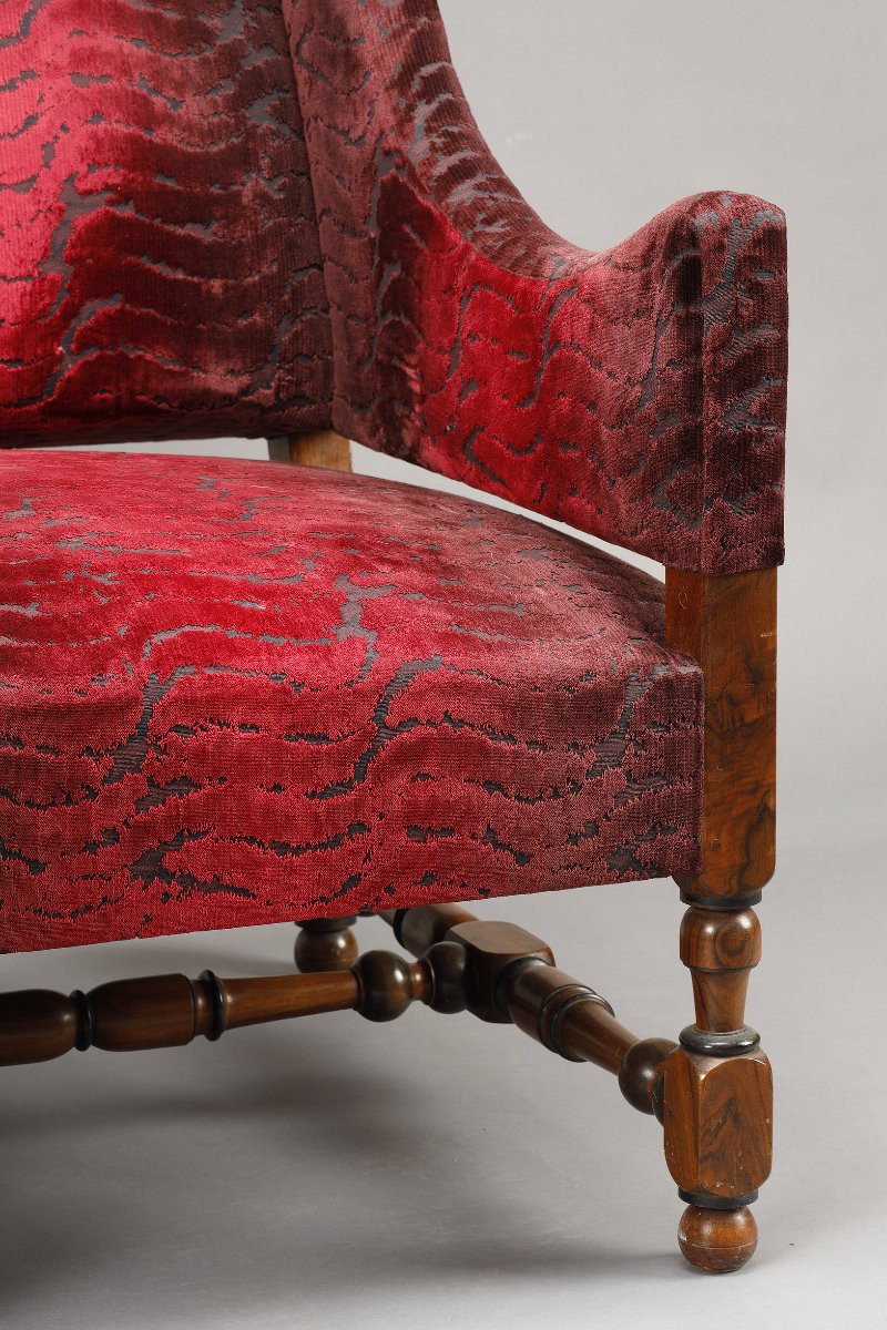 Pair Of Large Louis XIII Style Bordeaux Red Velvet Sofas-photo-7