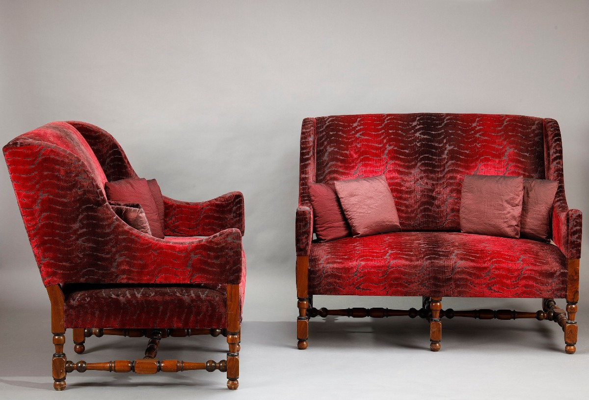 Pair Of Large Louis XIII Style Bordeaux Red Velvet Sofas