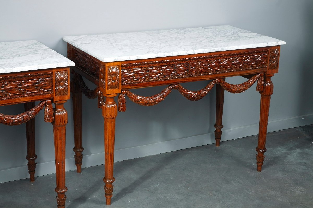 Paire de consoles de style Louis XVI en noyer et marbre-photo-3
