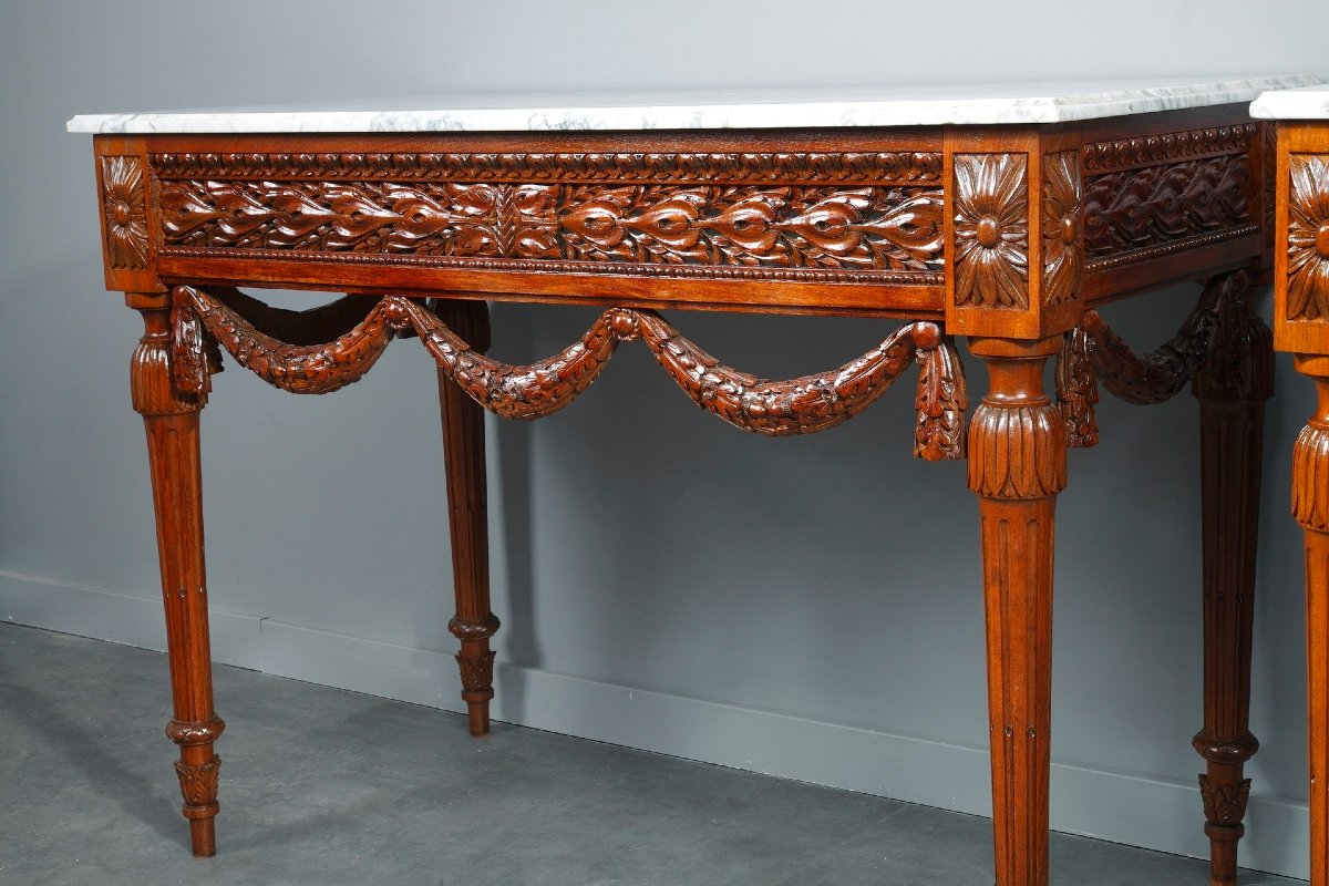 Paire de consoles de style Louis XVI en noyer et marbre-photo-4