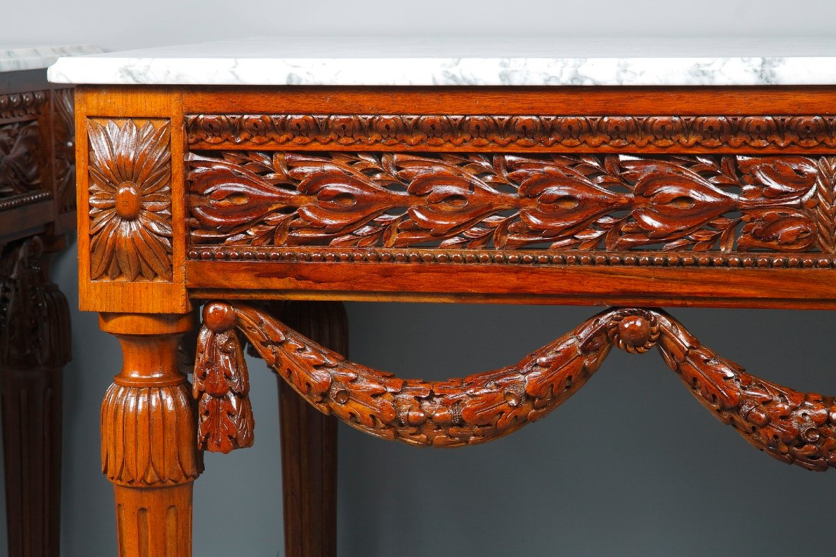 Paire de consoles de style Louis XVI en noyer et marbre-photo-2