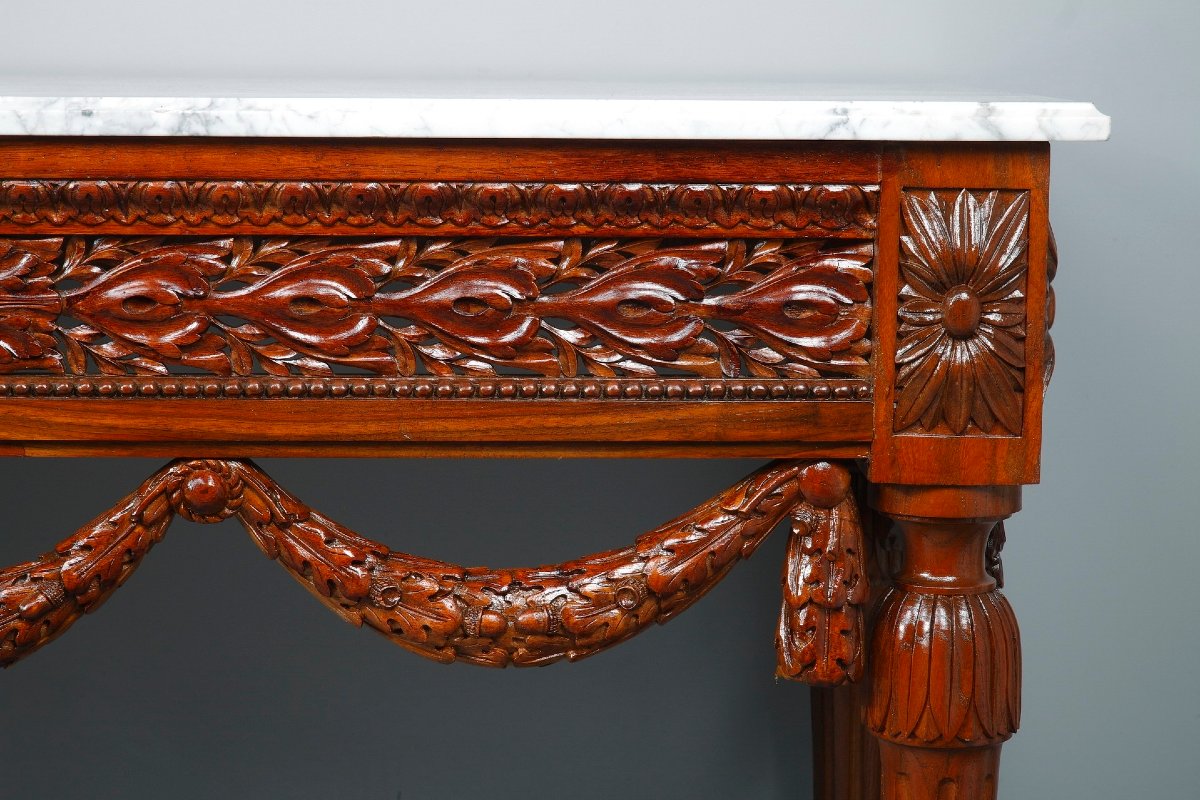 Paire de consoles de style Louis XVI en noyer et marbre-photo-3