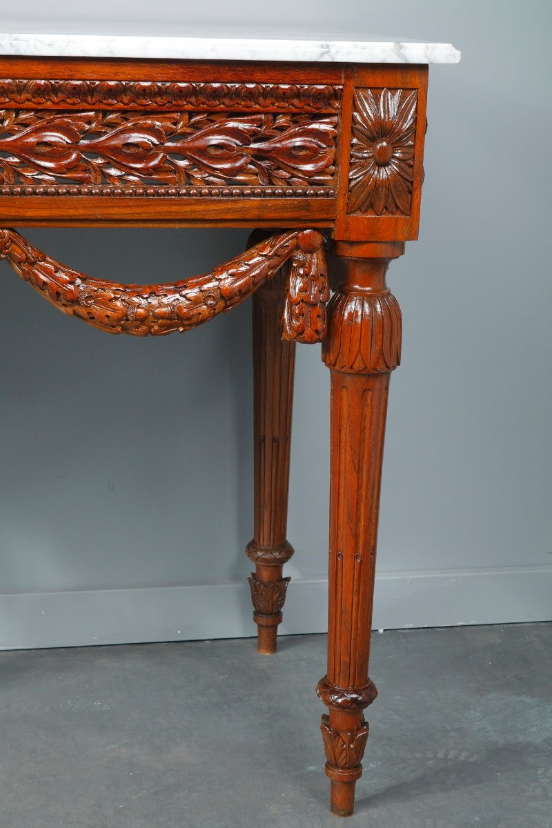 Paire de consoles de style Louis XVI en noyer et marbre-photo-4