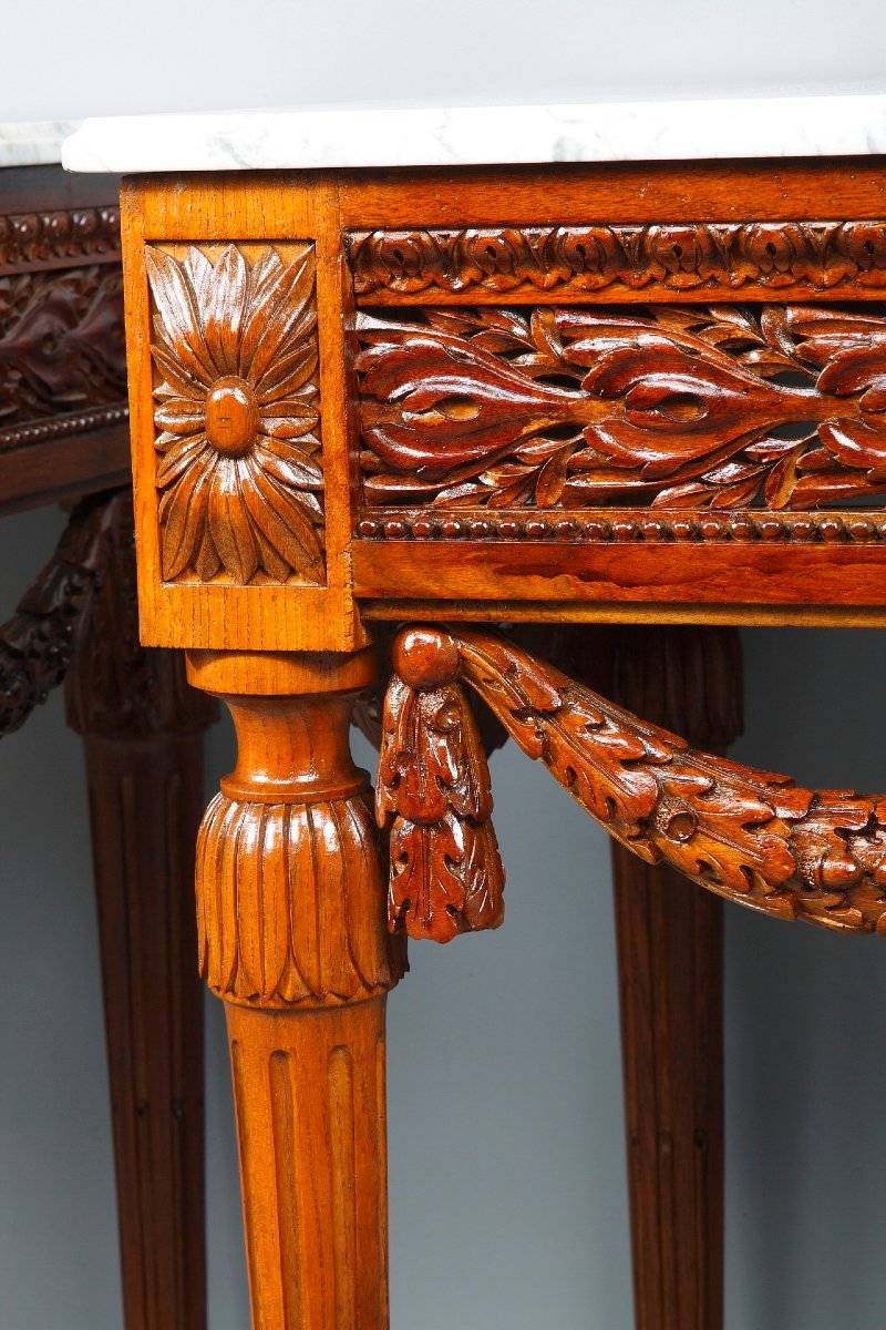 Paire de consoles de style Louis XVI en noyer et marbre-photo-6