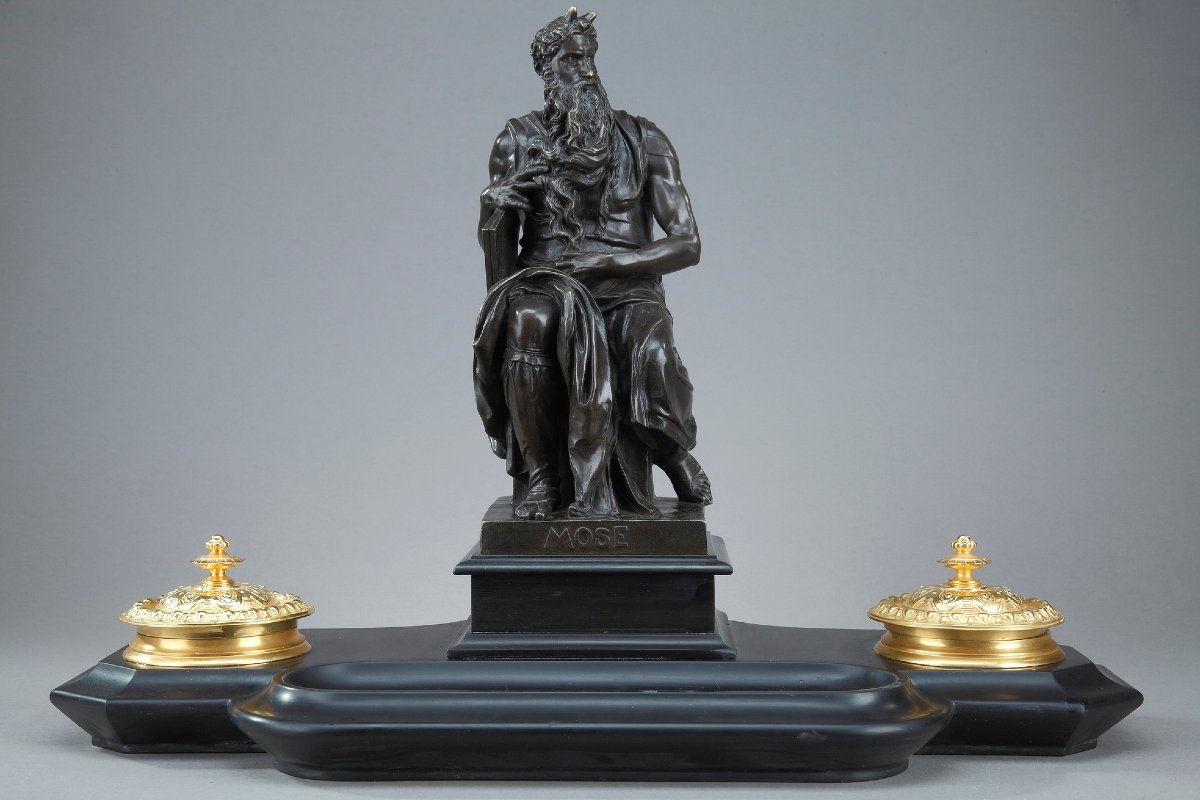 Marble And Bronze Inkwell Depicting Michelangelo's -photo-2