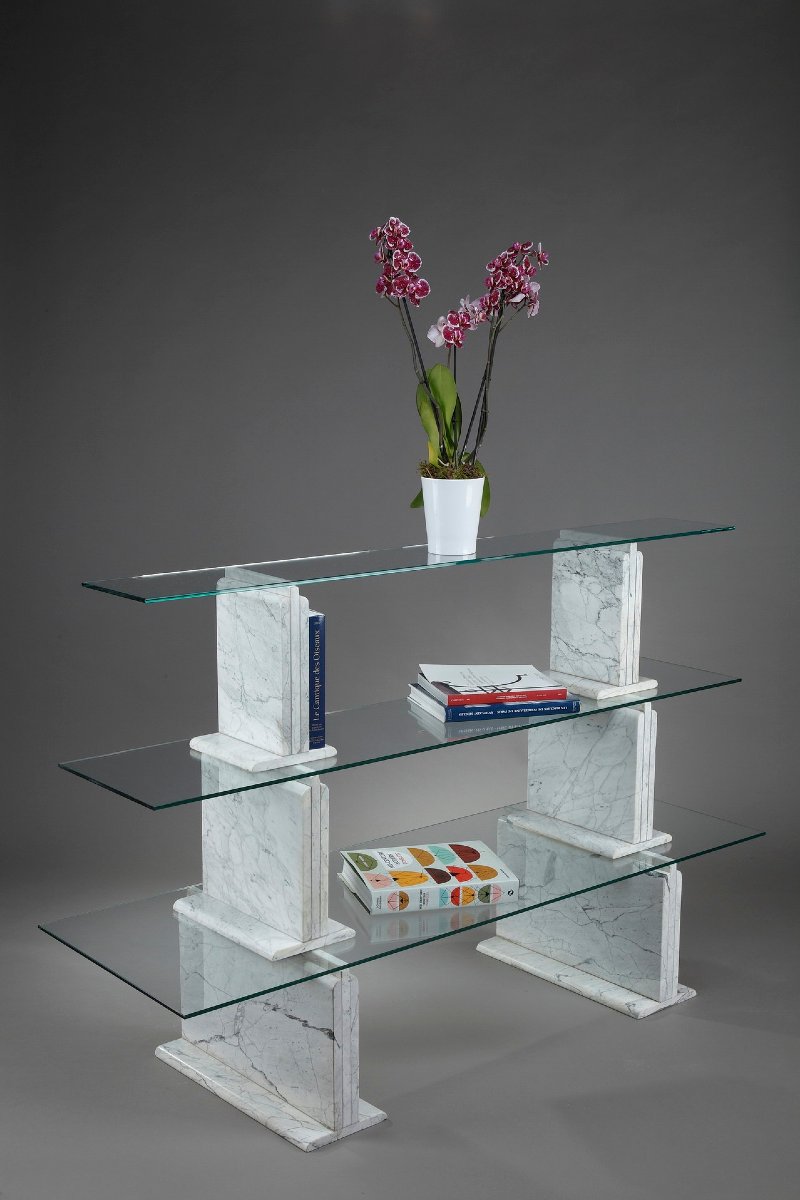 Bibliothèque en marbre de Carrare et verre - 1970