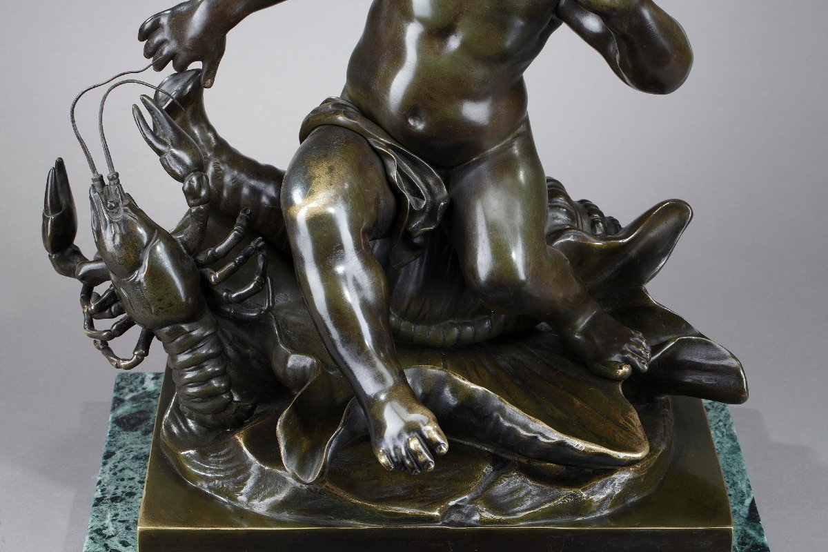Sculpture en bronze, "Enfant pincé par une écrevisse", d'après Jean-Baptiste Pigalle-photo-4