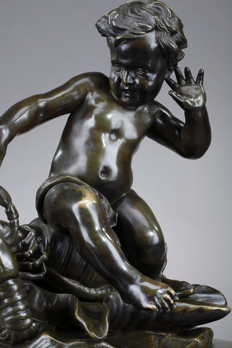 Sculpture en bronze, "Enfant pincé par une écrevisse", d'après Jean-Baptiste Pigalle-photo-1