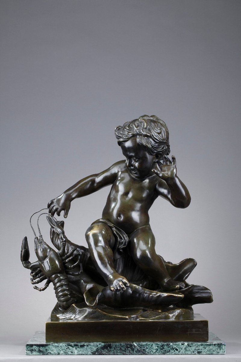 Sculpture en bronze, "Enfant pincé par une écrevisse", d'après Jean-Baptiste Pigalle