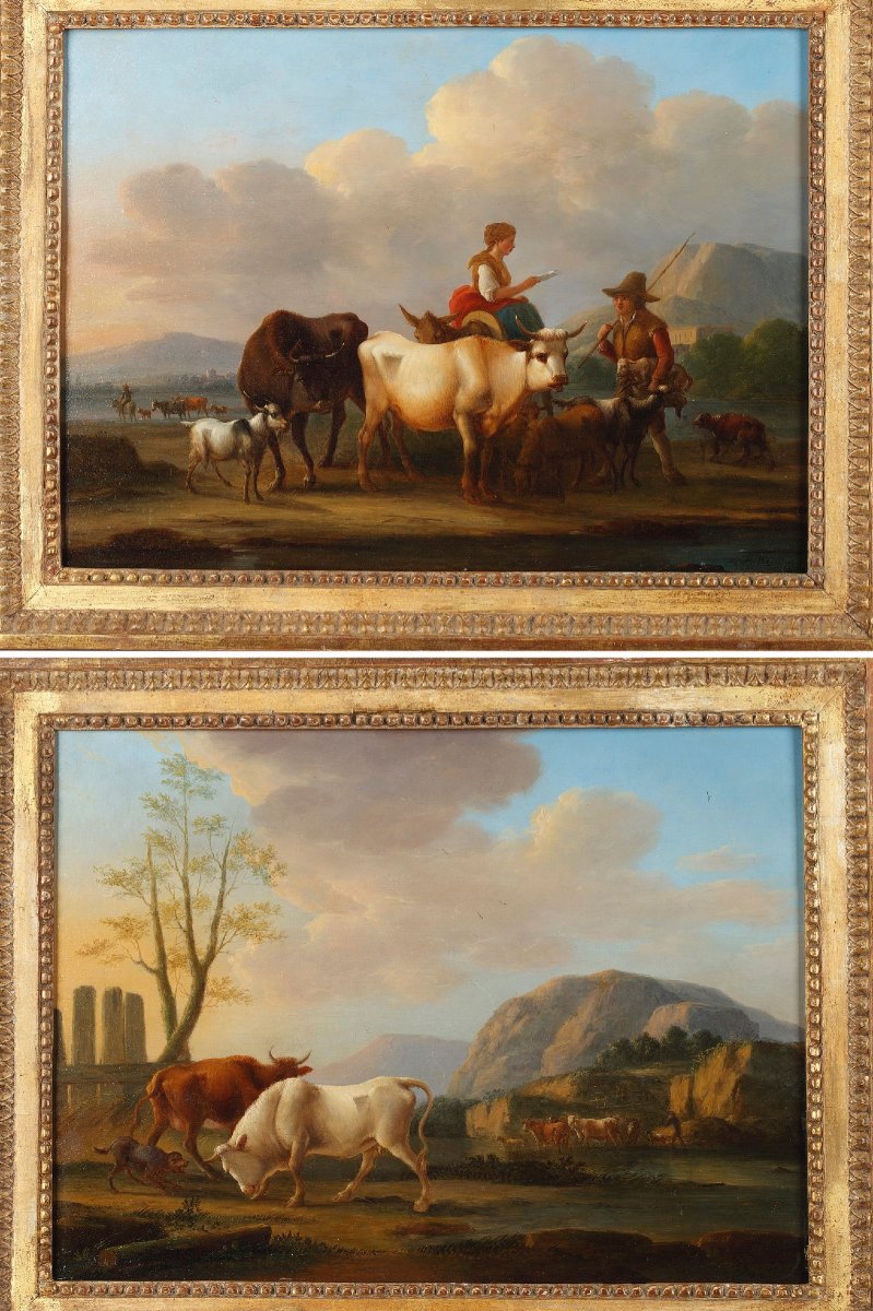 "landscapes With Cows," A Pair Of Oil Paintings On Panel, Signed Dieboldt