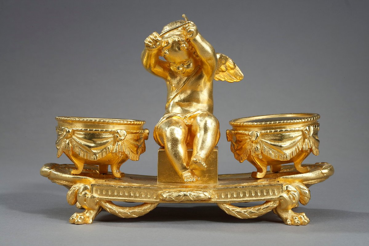 Encrier en bronze doré, "L'Amour timbalier", de style Louis XVI-photo-3
