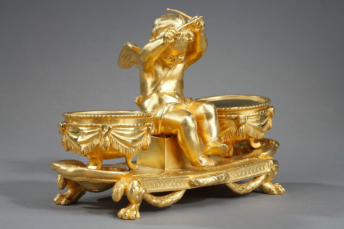 Encrier en bronze doré, "L'Amour timbalier", de style Louis XVI-photo-4
