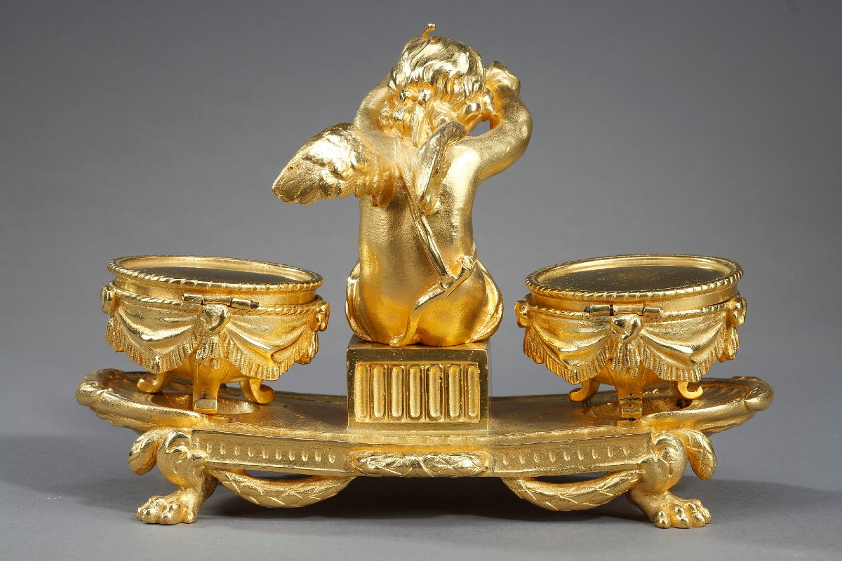 Encrier en bronze doré, "L'Amour timbalier", de style Louis XVI-photo-1